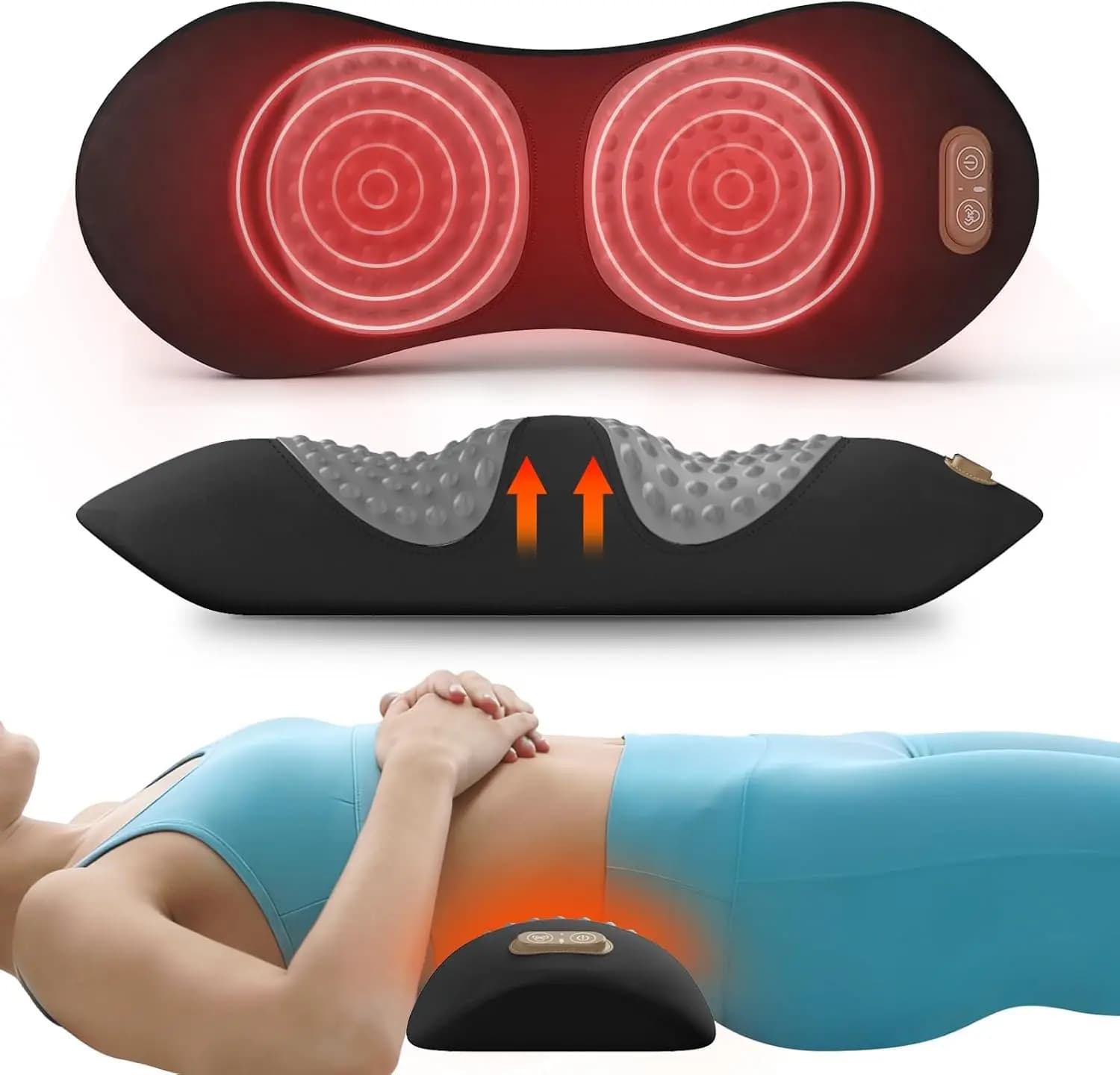 Cuscino di Supporto Lombare 3-in-1 per Letto e Sedia, Massaggiatore Schiena Triple Fusion con Calore, Vibrazione e Trazione