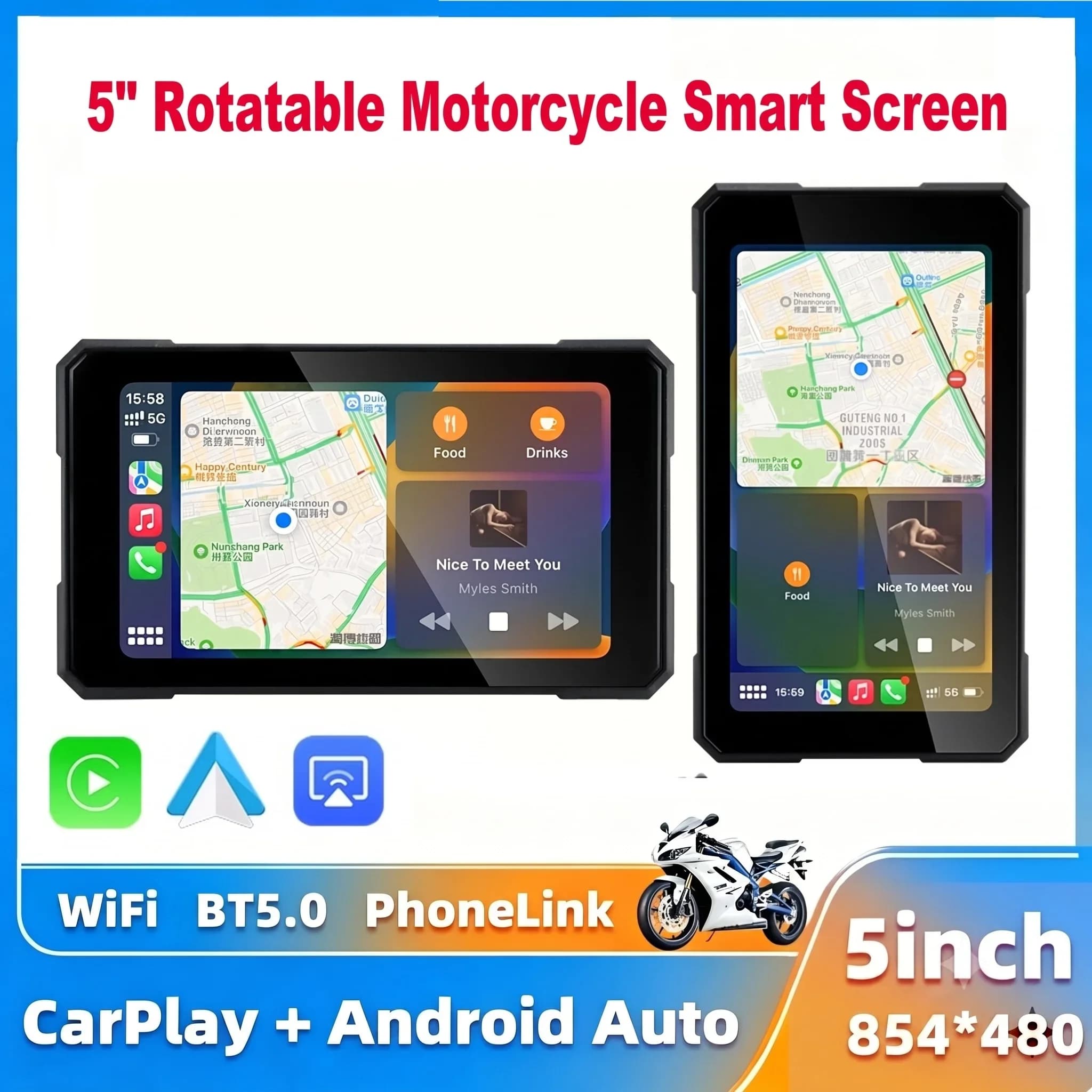 Qzonnect 5.0" Wireless CarPlay Moto Display Rotatable Portable Android Auto Motorcycle Smart Screen for iOS / Smartphones 15