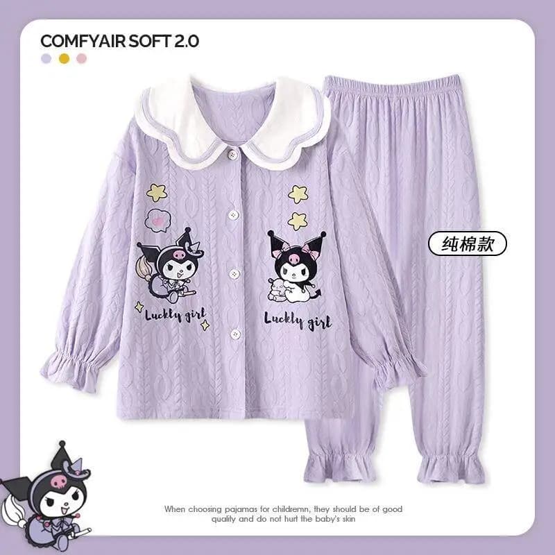 Pigiama Invernale Primaverile Autunnale per Bambine Sanrio Kuromi My Melody Cinnamoroll, Maniche Lunghe in Cotone, Abbigliamento da Casa Due Pezzi