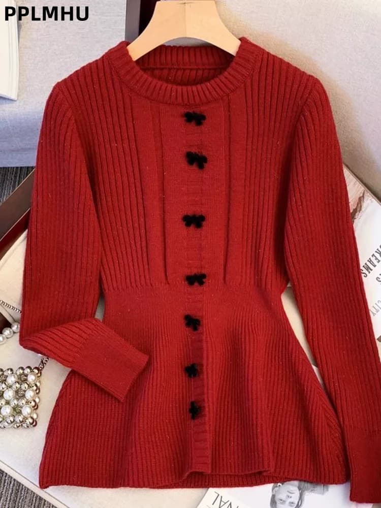 Bow Waist-cinching Knitted Sweater Elegant Slim Fashion Korean Jumpers Top Women's Casual Soft O-neck Knitwear Pullovers