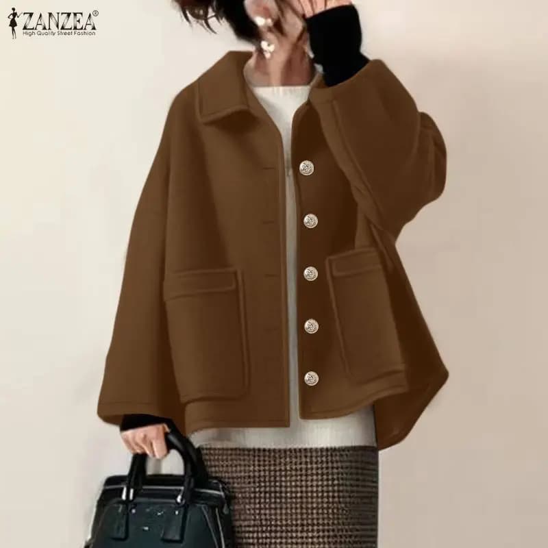 ZANZEA Women's FW Cozy Woolen Jackets Casual Turn-Down Collar Long Sleeve Solid Color Button Up Coats Pockets Woman Outerwear