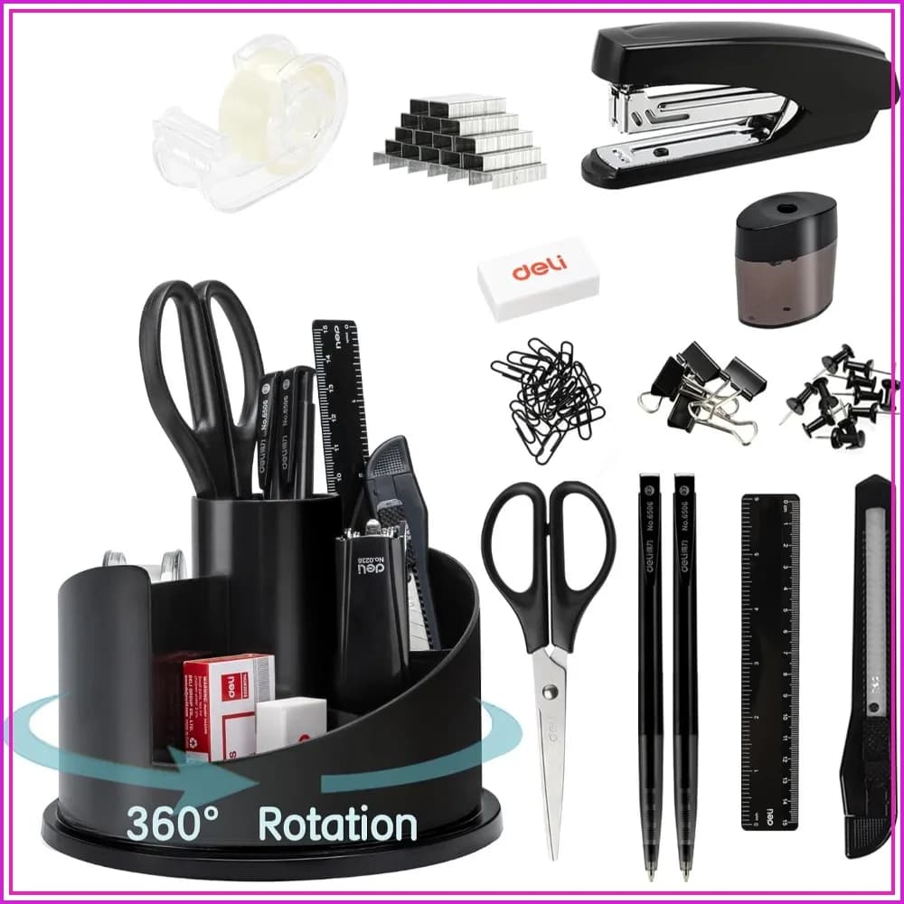 1045 Pcs Rotating Desk Organizer Set, Multi-Functional Pen Holder, Stapler, Scissors, Tape Dispenser, Black