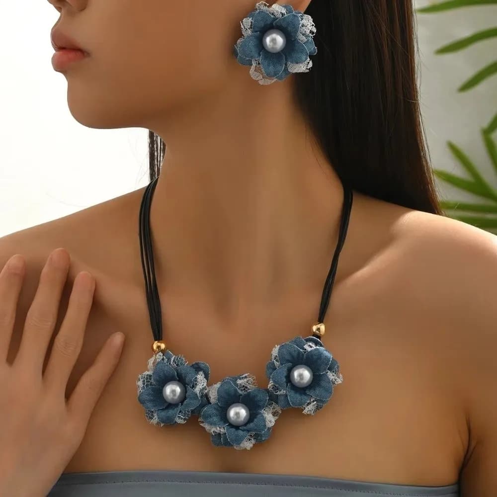 Orecchini Boho in Denim con Fiori, Stile Vintage per Uso Quotidiano, Set Regalo in Denim, Set di Gioielli con Perle Imitate per Donne