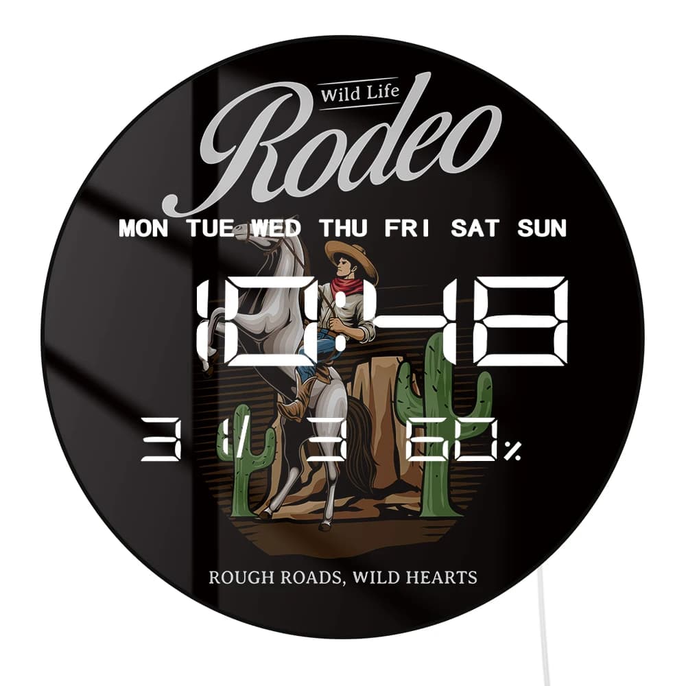Wild Life Rodeo Modern Digital Wall Clock Cowboy Horse Riding Western Horse Home Decorations Electric Wall Clock Large LED Display