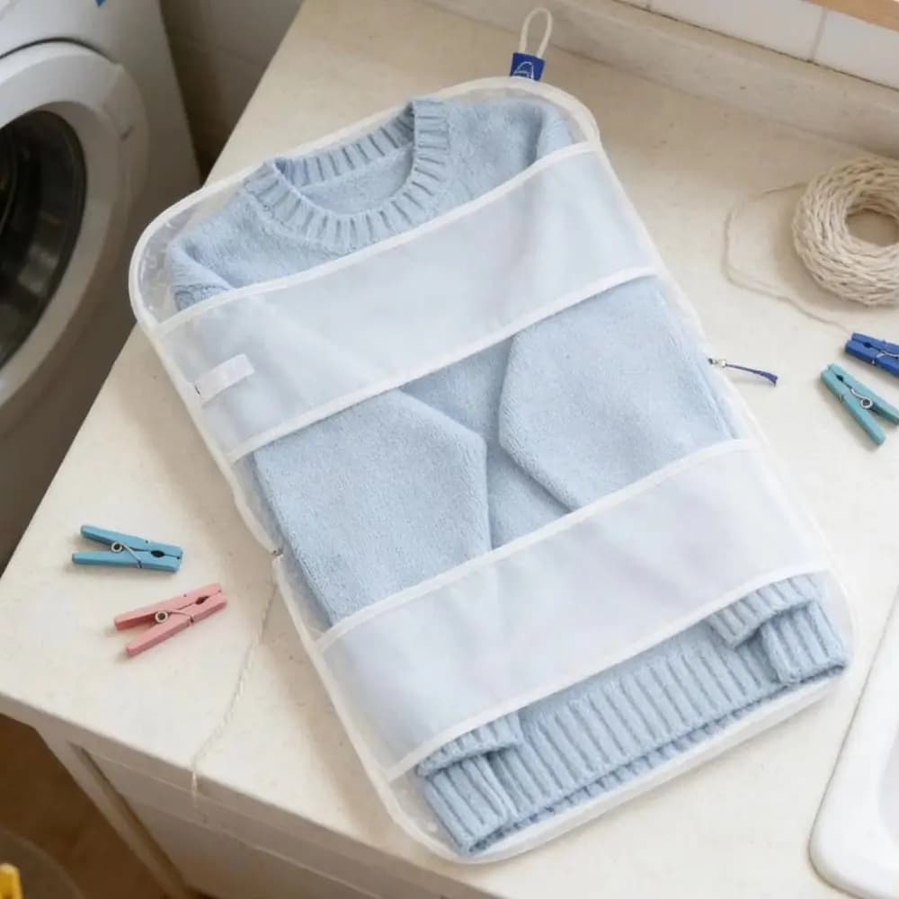 Sacchetto per lavaggio maglioni a rete fine, riutilizzabile, con doppio cinturino di fissaggio, sacchetto portaoggetti per lavanderia, chiusura con cerniera, anti-deformazione