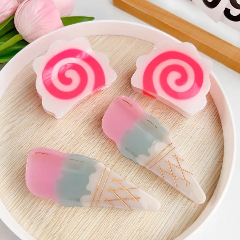 Dopamine Pink Ice Cream Acetate Claw Clip, Gentle Sweet Shark Hair Accessories Vital Pink Tone, Simulated Ice Cream Design Gift