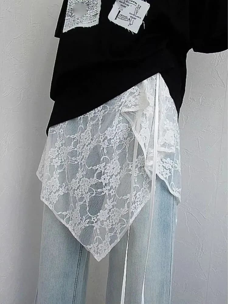 Abbigliamento Femminile, Gonna Estiva in Pizzo Floreale con Fascia, Moda Coreana, Gonna Irregolare Chic Y2k
