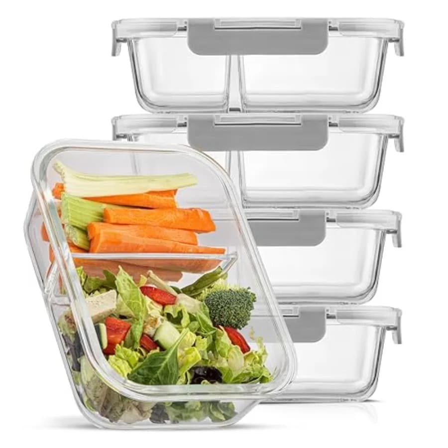 Contenitori per Alimenti Divisi con Coperchi Ermetici Set di 5 Contenitori in Vetro per Preparazione Pasti con 2 Scomparti, Scatola Bento in Vetro Riciclabile