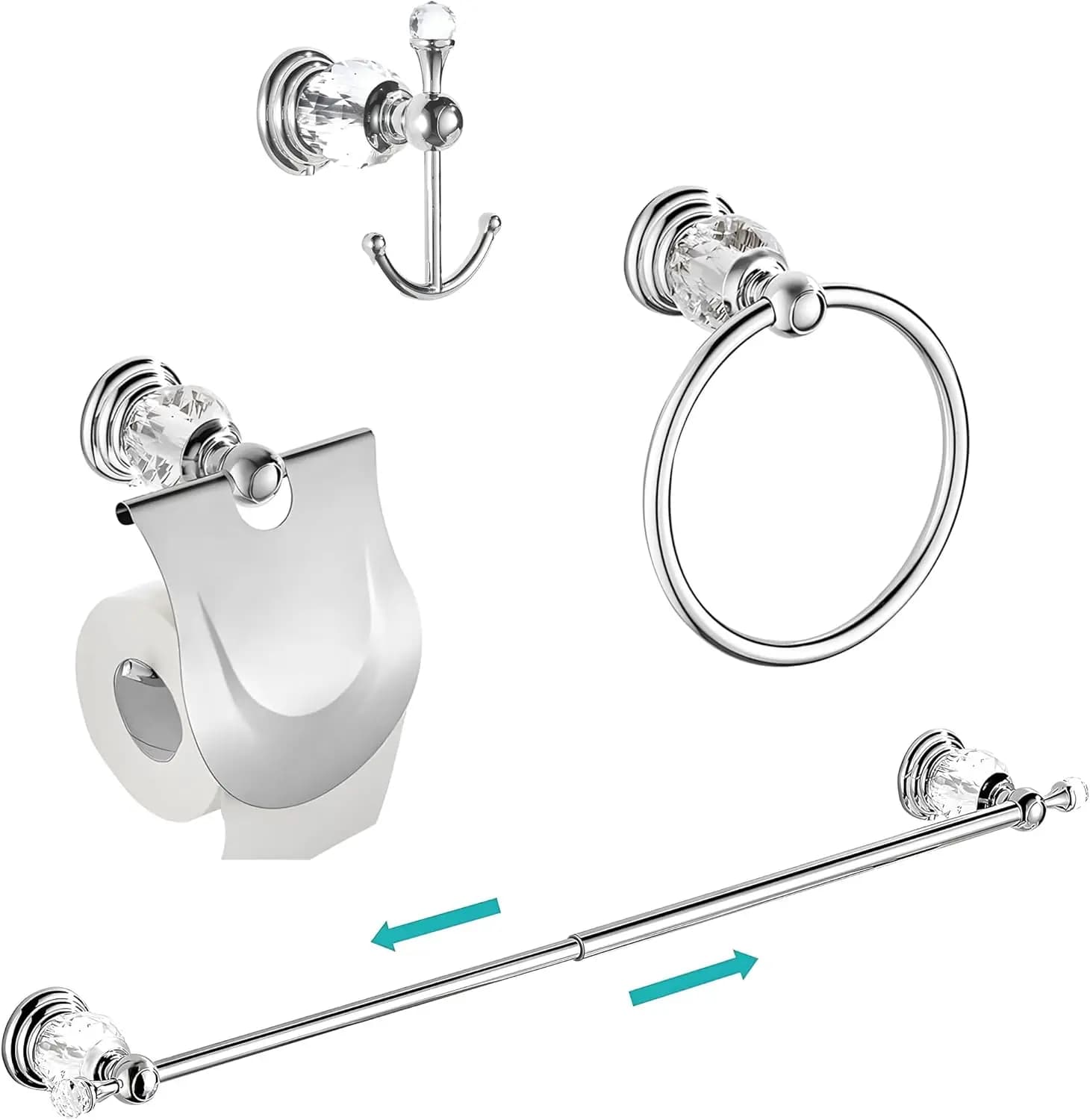 Set di Portasciugamani Cromati da 24 Pollici, Kit di Accessori per Bagno in 4 Pezzi con Gancio Appendiabiti, Anello Portasciugamani, Porta Carta Igienica