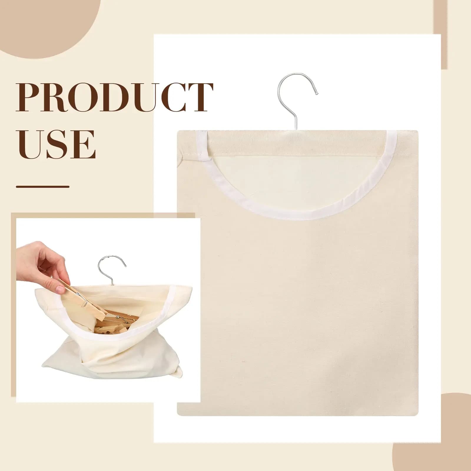 Beige Canvas Clothespin Bag Portable Clothes Pin Hanging Bag Home Balcony Travel Large Opening Handy Laundry Storage Organizer
