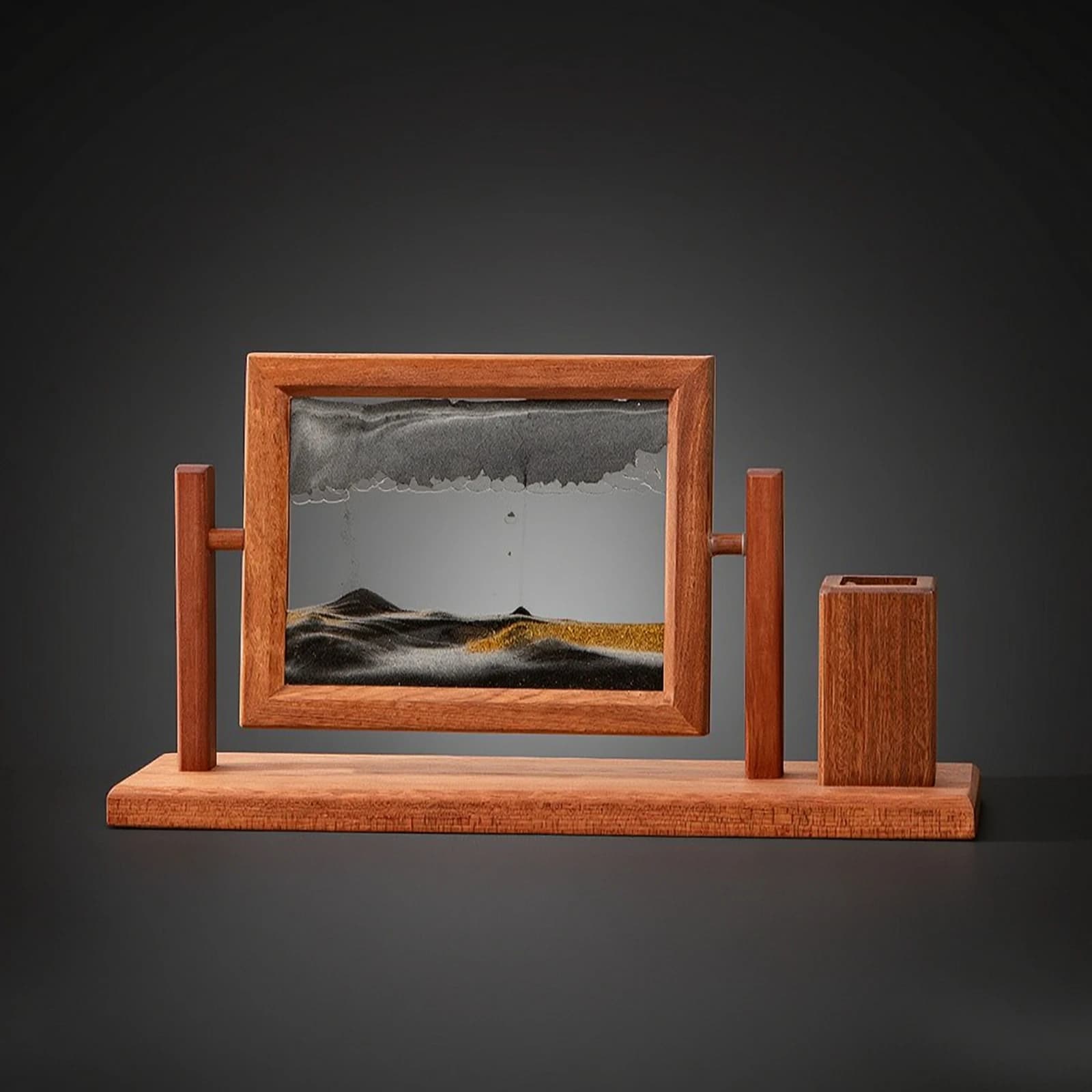 Sand Art Frame with Pen Holder Wooden Rotating Sand Art Frame Sandscape Relaxing Decor Kinetic for Professionals, Office, Study