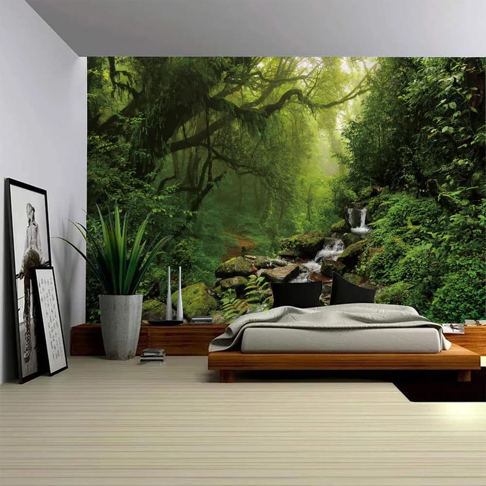 Wall arch with landscape of green jungle, background fabric for home decoration, blanket for sheet with camping tent mat