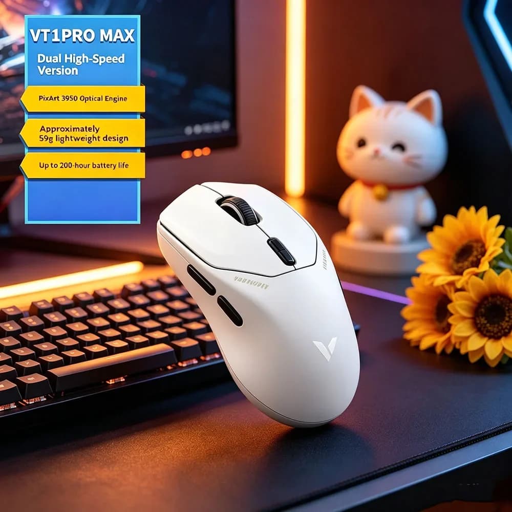 Mouse da Gaming Rapoo VT1PRO MAX Aggiornato con Illuminazione, Ultraleggero 59g, Wireless, Frequenza di Aggiornamento 8KHz, 30000DPI, 9 Pulsanti Programmabili