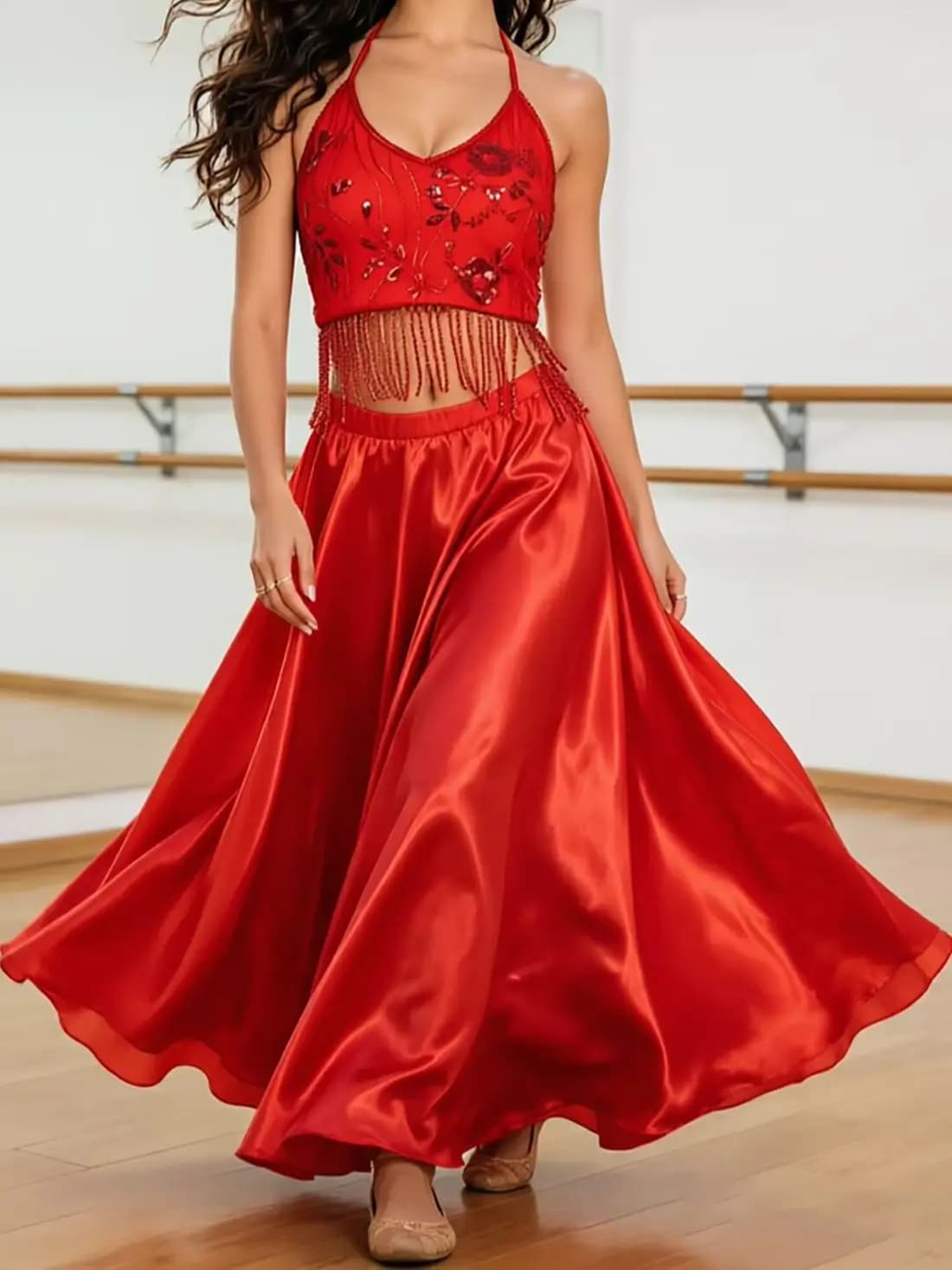 2-Piece Belly Flamenco Waltz Latin Dance Set Beaded Halter Top & Satin Big Swing Skirt for Stage Performance