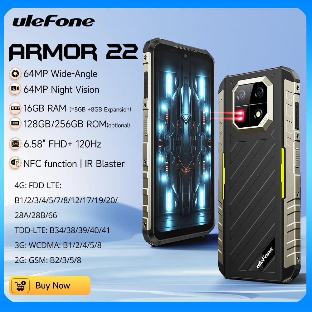 Ulefone Armor 22 telefono robusto, 16 GB (8 GB + 8 GB) di RAM, 128 GB / 256 GB di ROM, smartphone Android 14, NFC 64 MP visione notturna 4G telefono cellulare