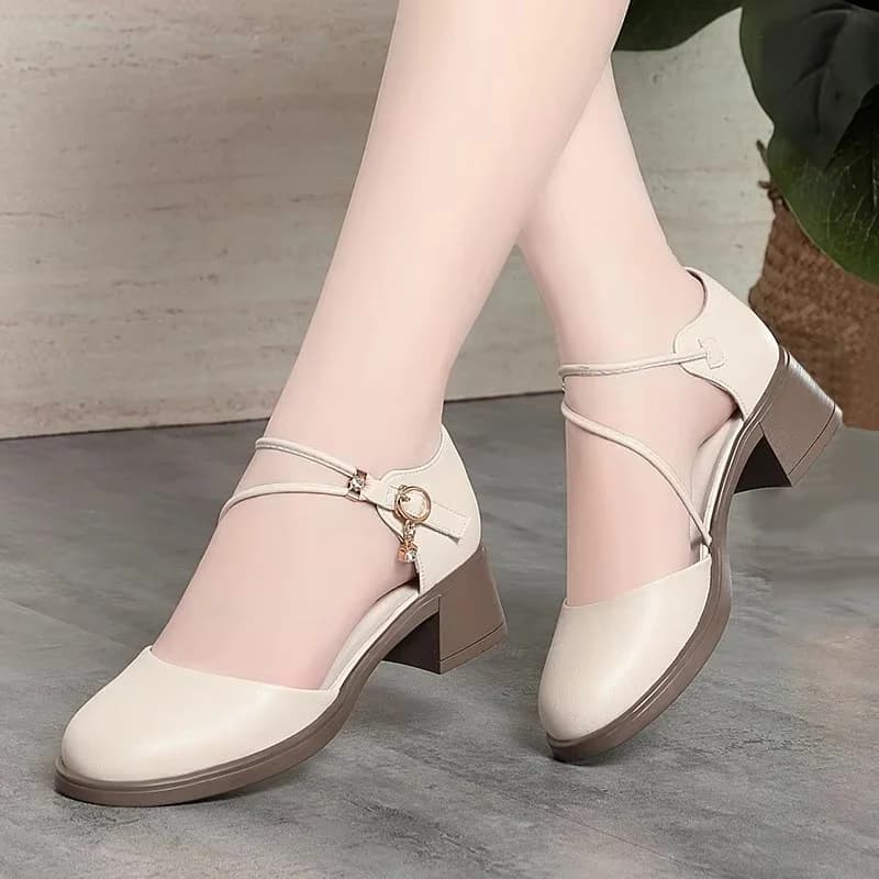 4,5 cm All Match Primavera Estate Testa tonda Med Block Tacchi Scarpe 2025 Fasciatura Scarpe in morbida pelle Piattaforma per mamma ufficio