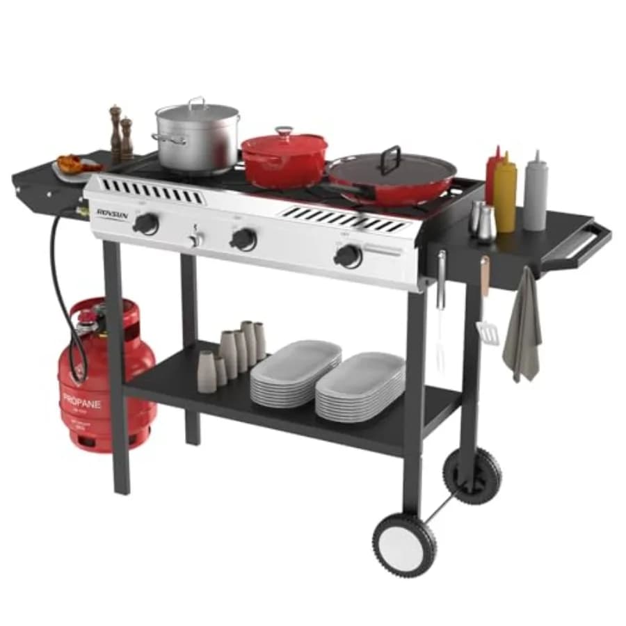 3-fire propane stove with automatic ignition Outdoor camping ring 225 000 BTU in black with side shelves R rotating wheels