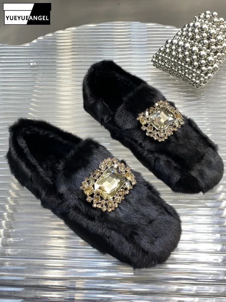 Vintage Donna Pelliccia di visone Slip On Mocassino Gommino Mocassini comodi Moda Diamanti lucidi Appartamenti Caldo inverno Fodera in pile Scarpe