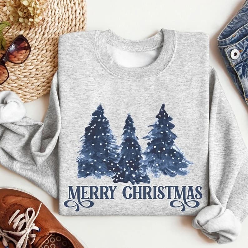 Blue Christmas Sweatshirt Cozy Season Sweater Winter Snow Blue Trees Holiday Autumn and Winter Long Sleeve Keep Warm Pullover