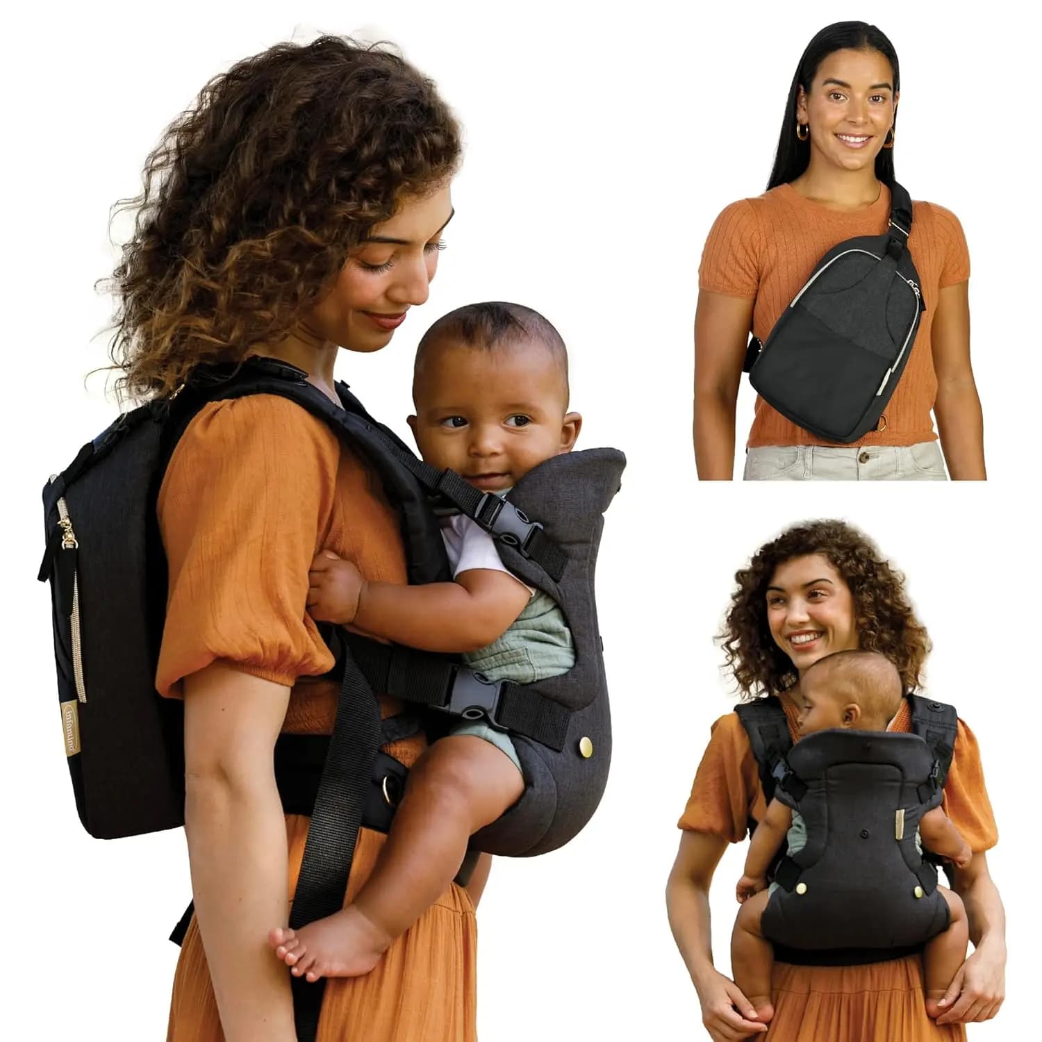Set marsupio convertibile 4 in 1 e borsa per pannolini a tracolla, nero e oro, supporto a mani libere per neonati ai più piccoli
