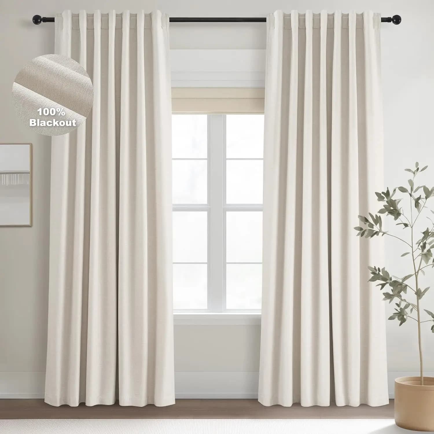 Tende Oscuranti Personalizzate in Finto Lino, Lunghe 105 Pollici, Bianco Crema con Linguette Posteriori e Tasca per Asta per Arredamento Invernale del Patio