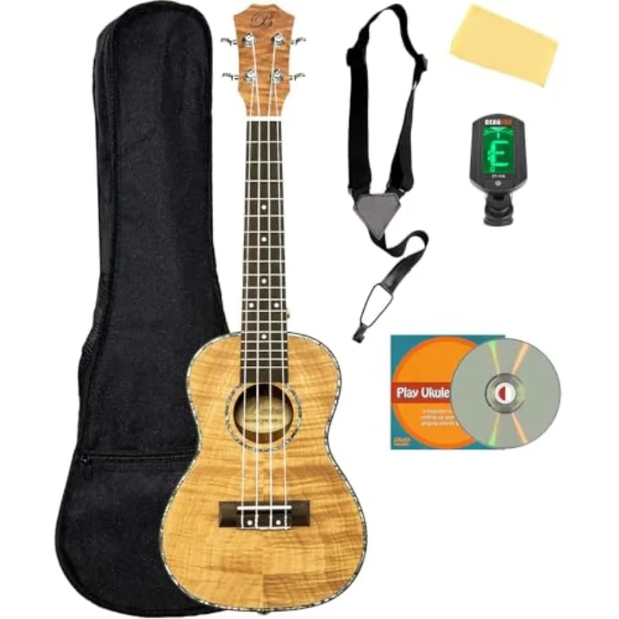 Set Ukulele da Concerto in Legno Oguman con Borsa, Accordatore, Tracolla, DVD Istruttivo Austin Bazaar e Panno per Lucidatura
