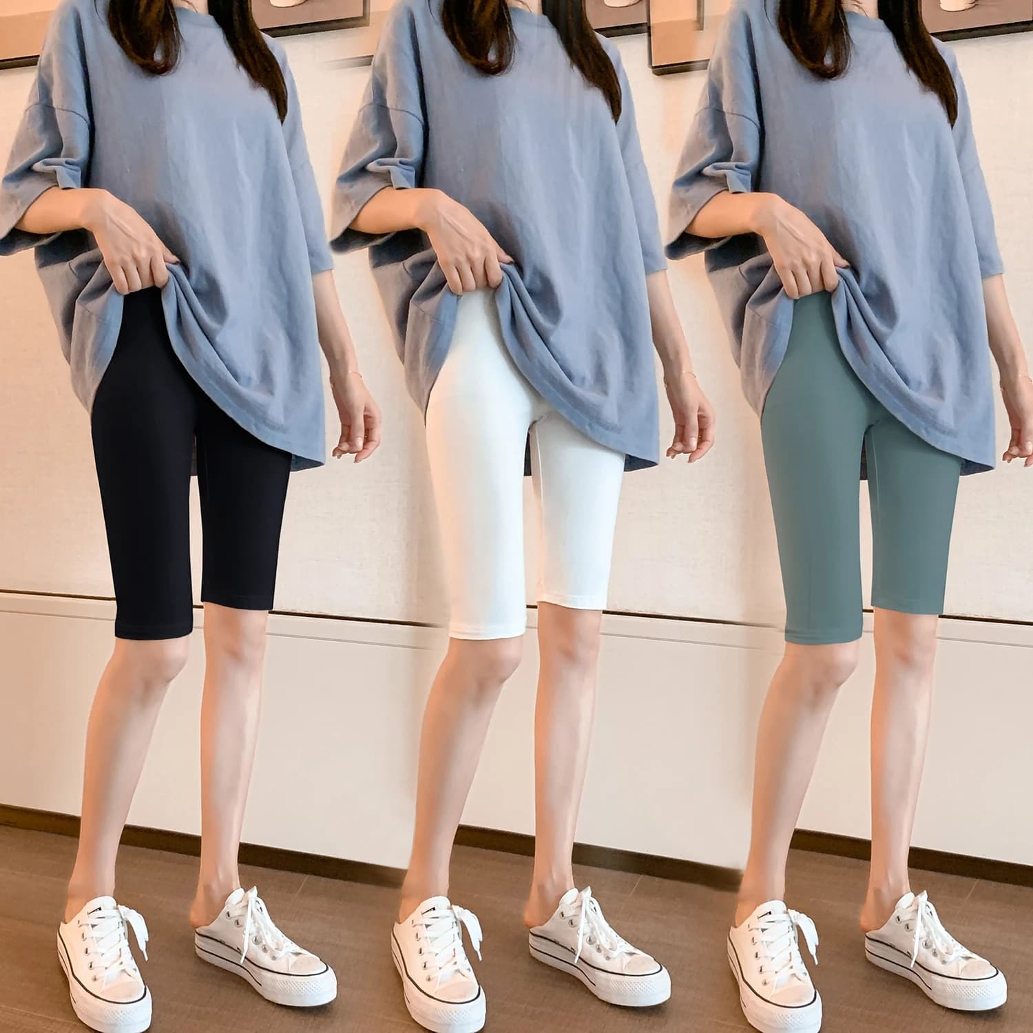 Pantaloncini a vita alta in modal da donna, sottili estivi, a cinque quarti, aderenti, anti-trasparenza, per camminata, strato base