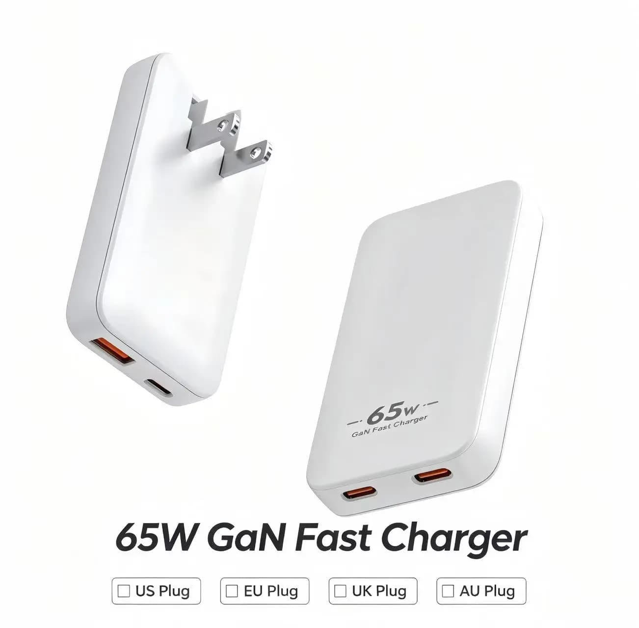 Caricabatterie GaN USB-C da 65W con Spina USA Pieghevole e Spine EU/UK/AU Staccabili, Ricarica Rapida per iPhone, iPad, Serie Samsung Galaxy