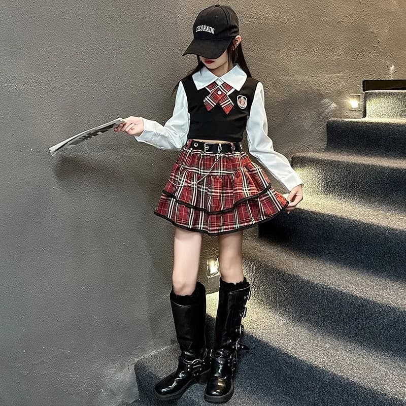 Set of clothes for junior girls JK Kids Internet Celebrity Street Uniform Dress Shirt + skirt cake square + belt dresses for children