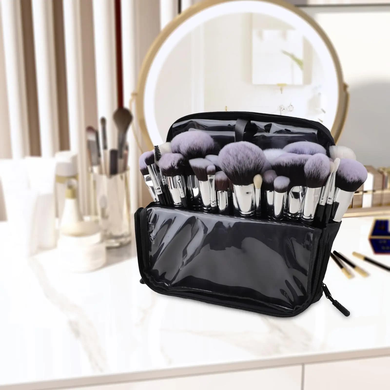 Waterproof Oxford Makeup Brush Holder with Detachable Zippered compartment contains 100 Brushes Foldable Travel Case