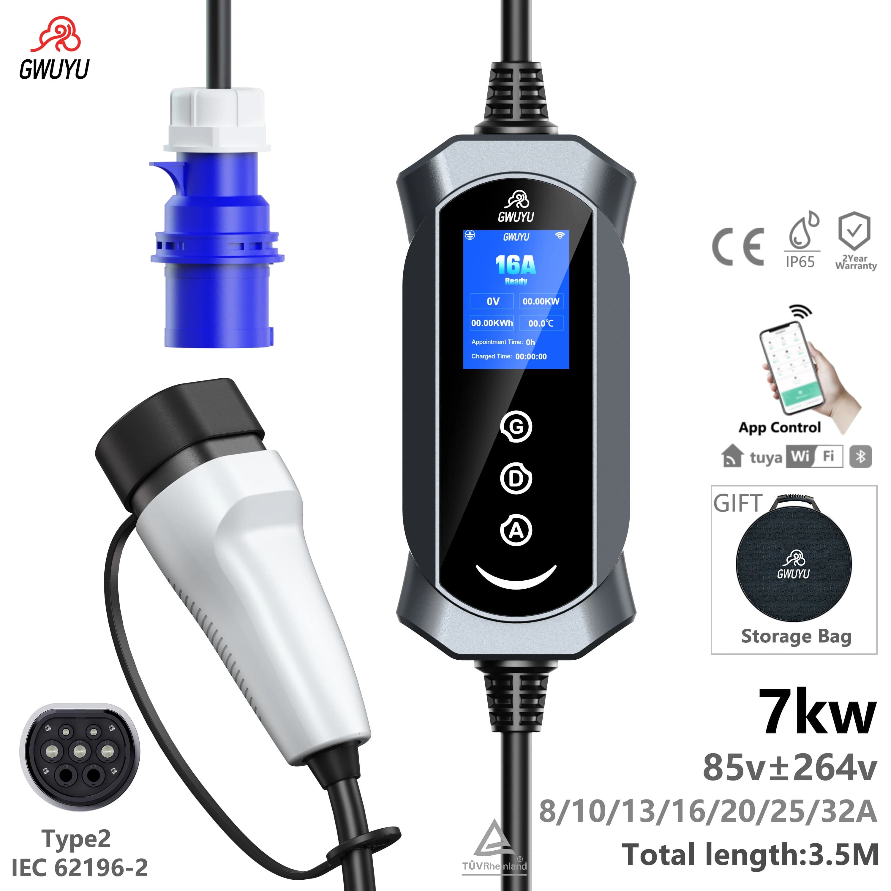 GWUYU Portable Electric Vehicle AC Charger 3.5KW/7KW Timed Delay Charging APP Start Three Buttons Control