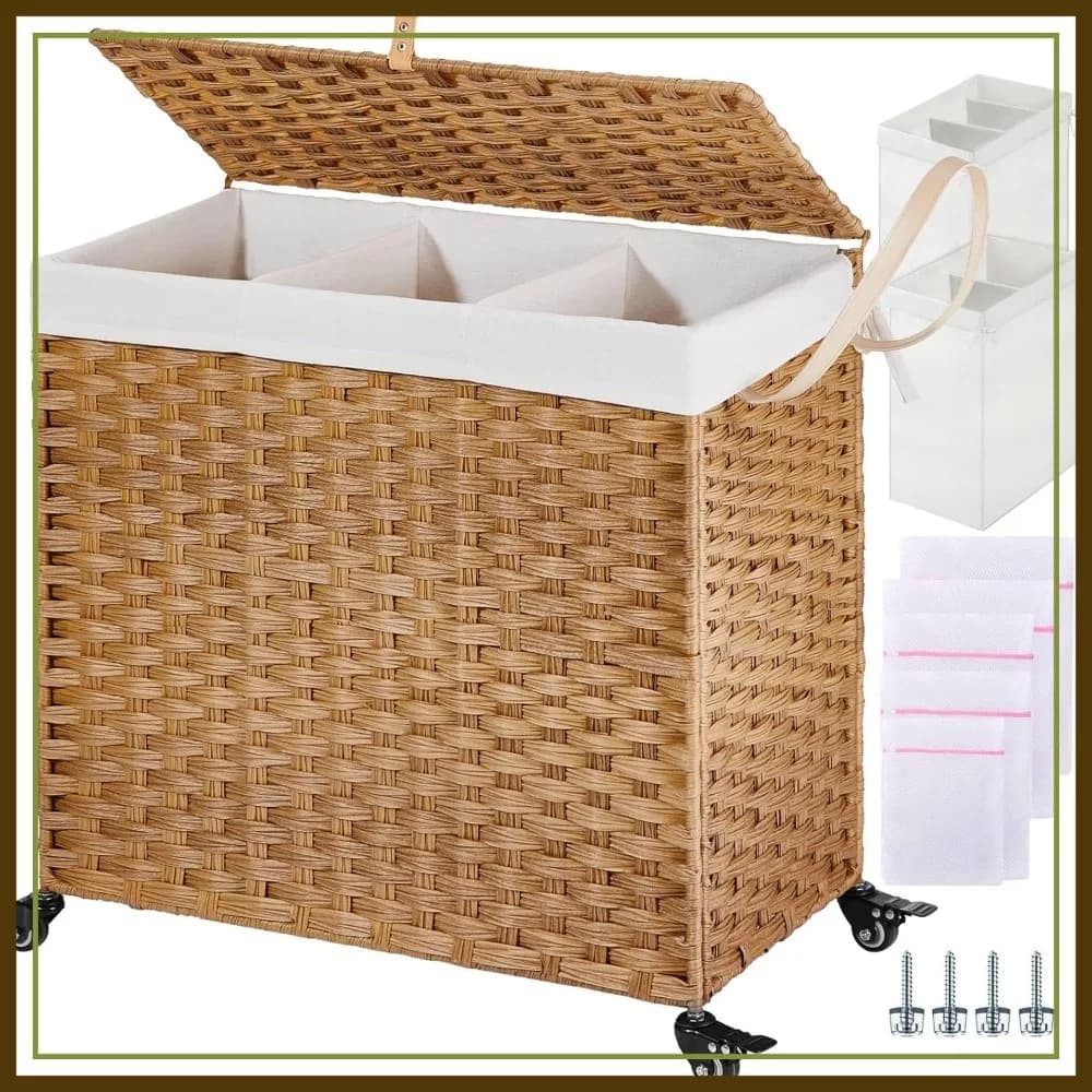 Cesto portabiancheria a 3 sezioni da 130L con ruote e coperchio, cesto intrecciato a mano con 2 fodere rimovibili e 5 sacchi in rete, colore naturale
