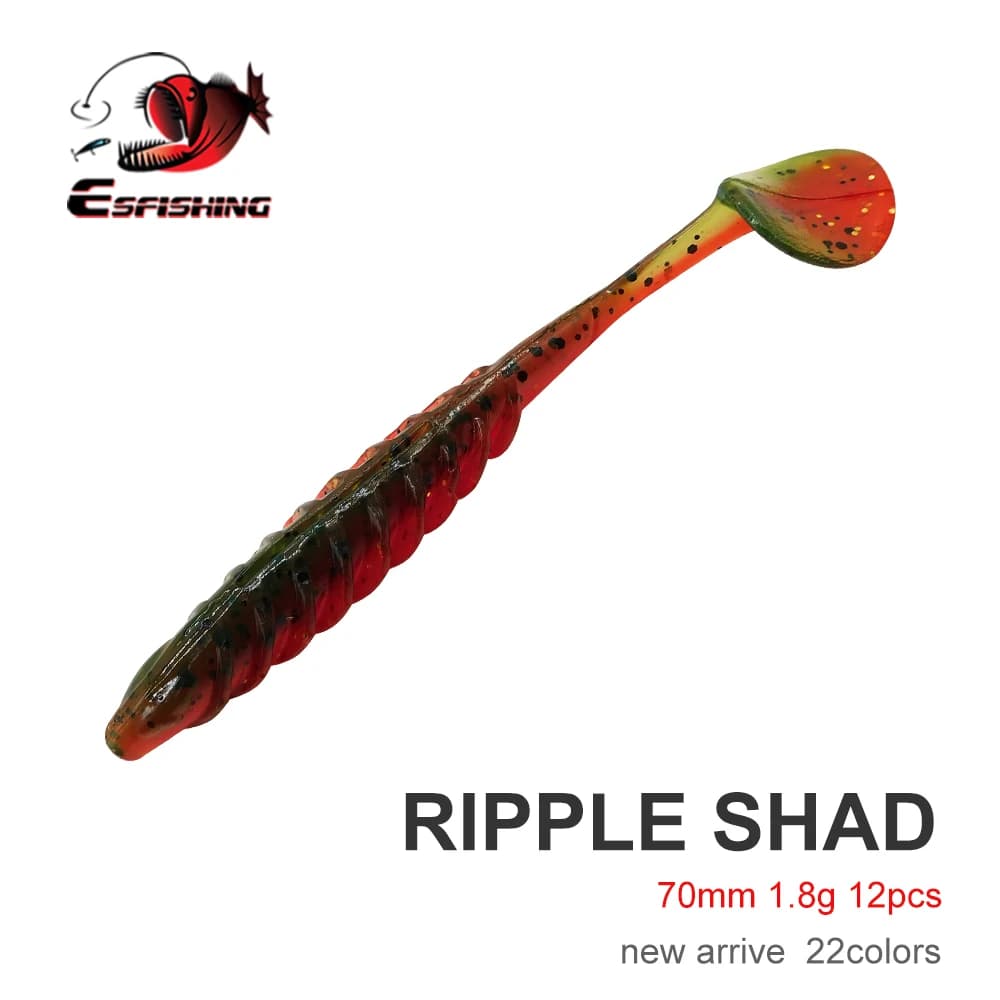 ESFISHING Esche Artificiali Morbide in Plastica 2.8in 12pz Ripple Shad T-tail Swimbait per la Pesca a Jigging di Spigola e Persico