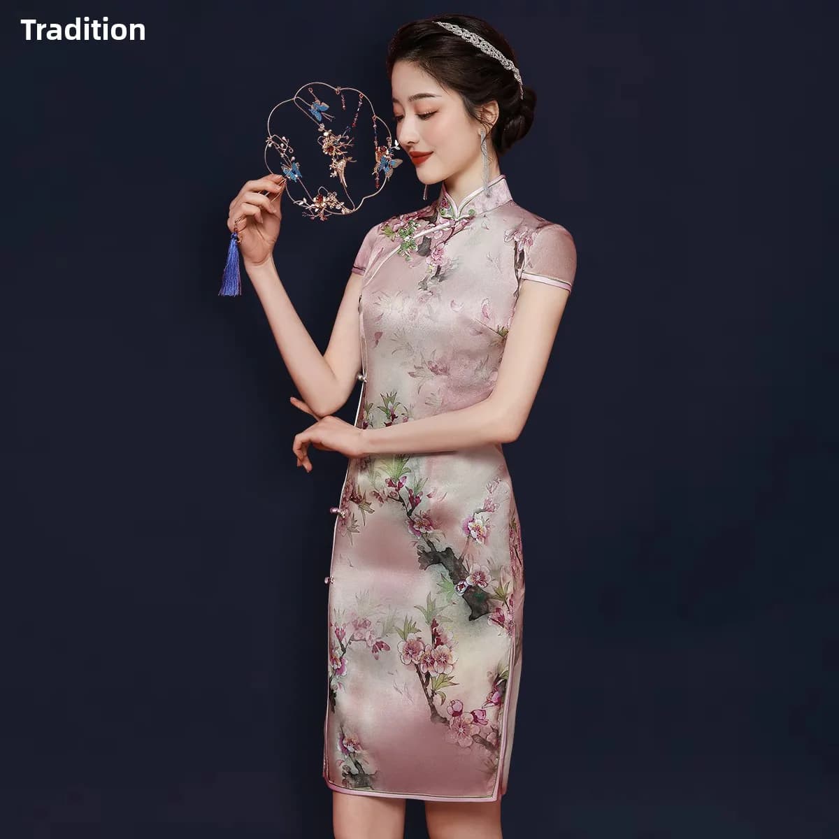 Silk Young Style Revised Version Pre-Qing Dynasty Elegance Slimming Dress Daily Wear Low Slit Short Sleeve Floral P...
