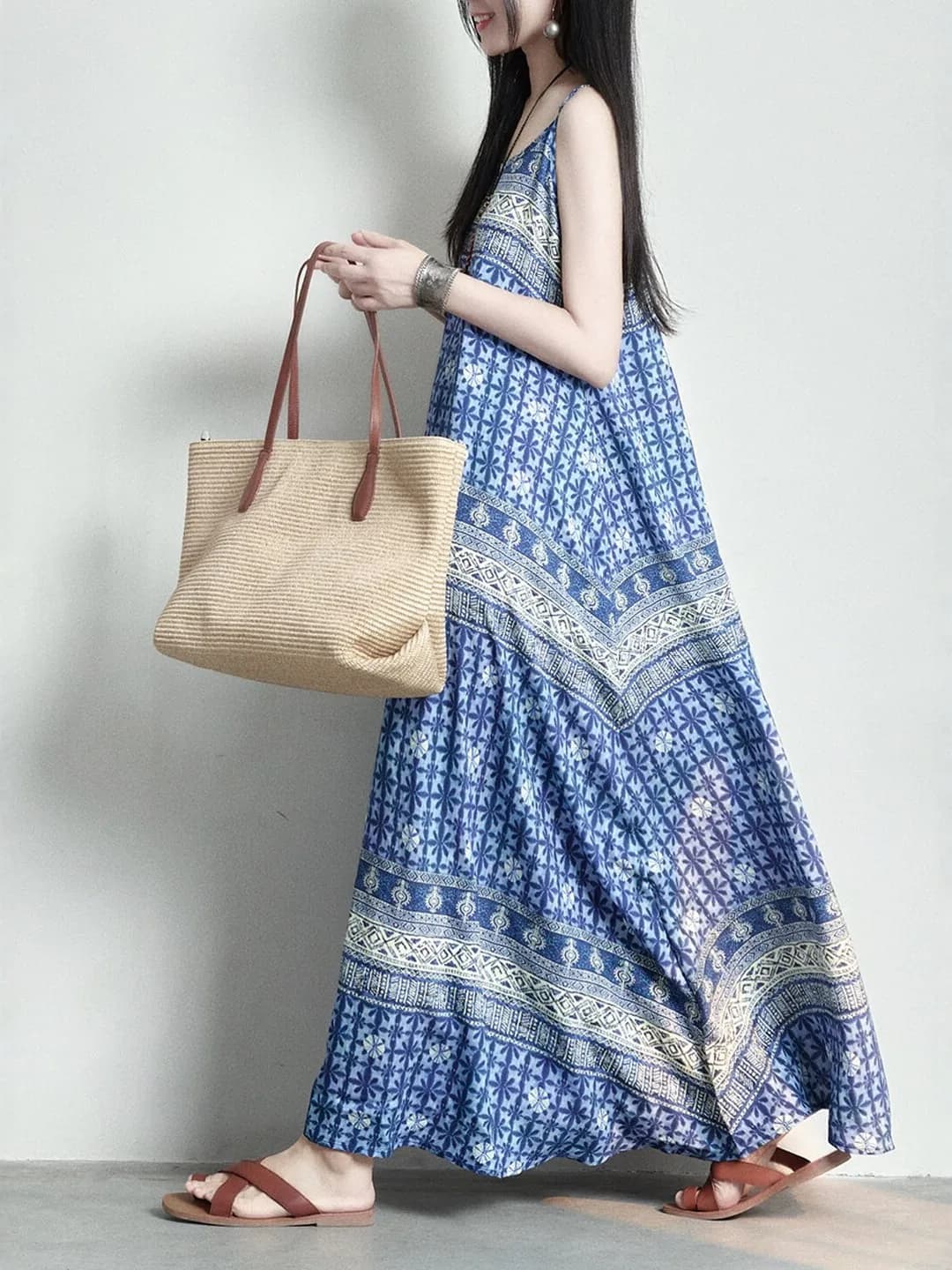 Summer Large Size Women's Dress Japanese Style Loose Floral Print Cotton Gown Vacation Casual A-Line Long Dress