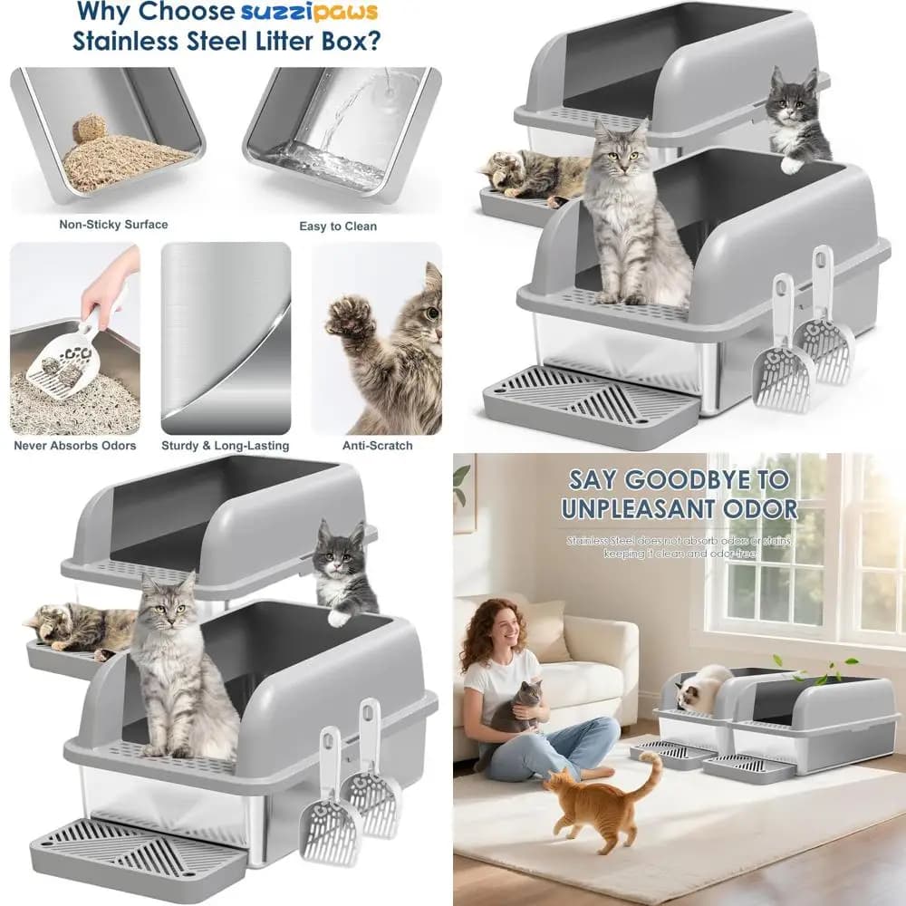 Lettiera per Gatti XL in Acciaio Inossidabile con Coperchio, Design Anti-Perdita a Parete Alta, Vassoio Antiaderente Facile da Pulire per