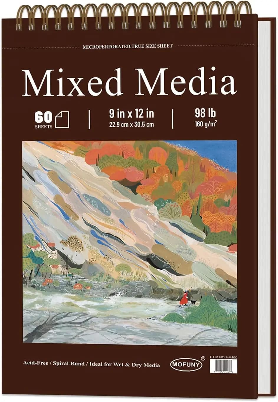 9x12 Mixed Media Sketchbook, 60 Sheets 160gsm, Spiral Bound Hardcover for Art Supplies