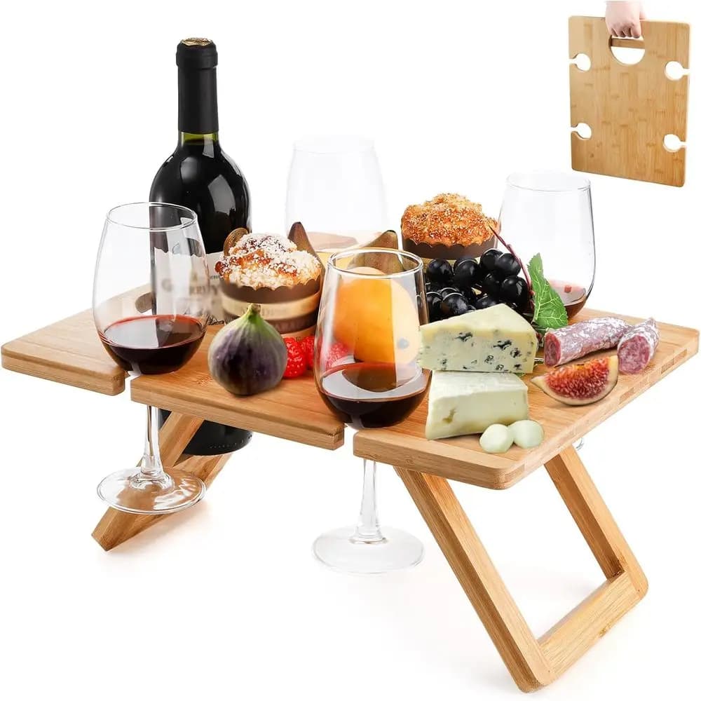 Tavolo da Picnic Pieghevole per Vino con 5 Portabicchieri, Ideale per Esterni, Spiaggia e Appassionati di Vino