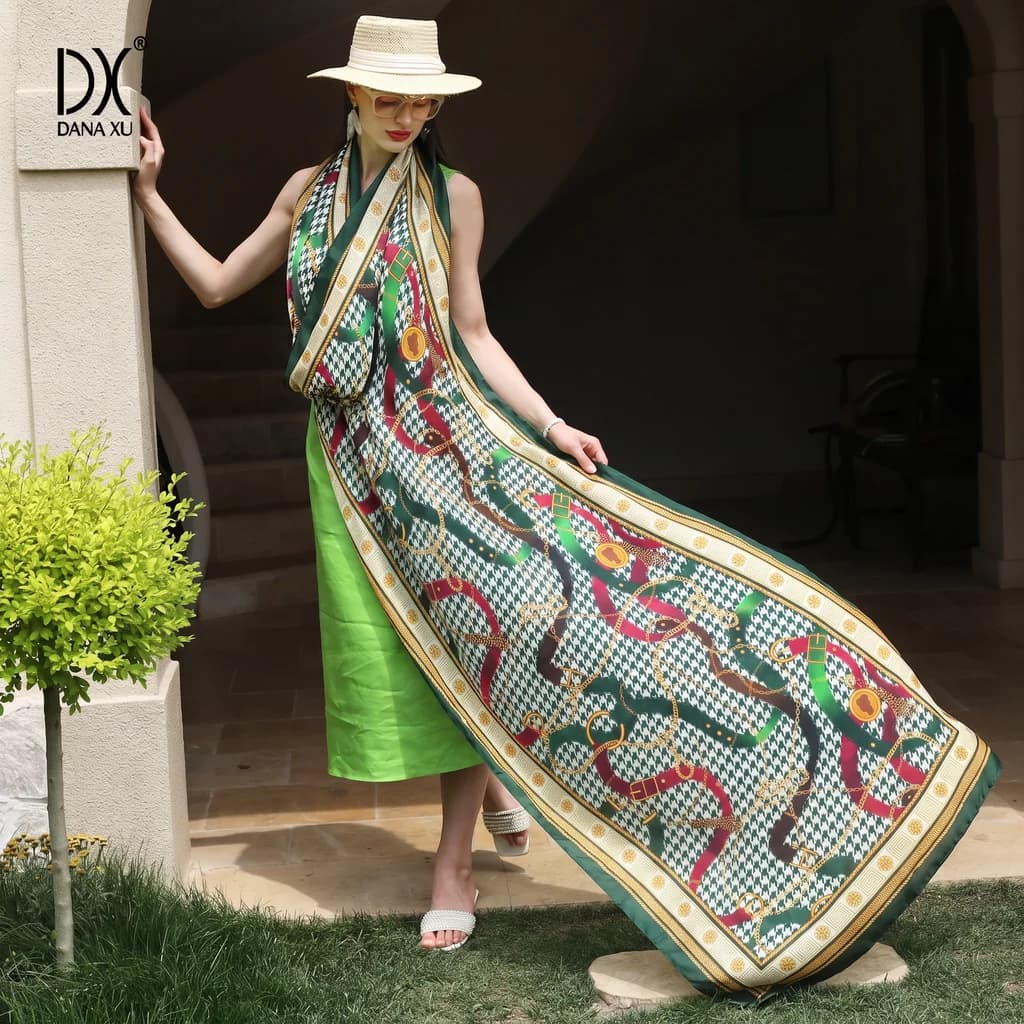 Luxury Green Houndstooth Silk Scarf Women Chain Print Large Satin Shawl Wrap Beach Cover Up Foulard 245*110cm Natural silk