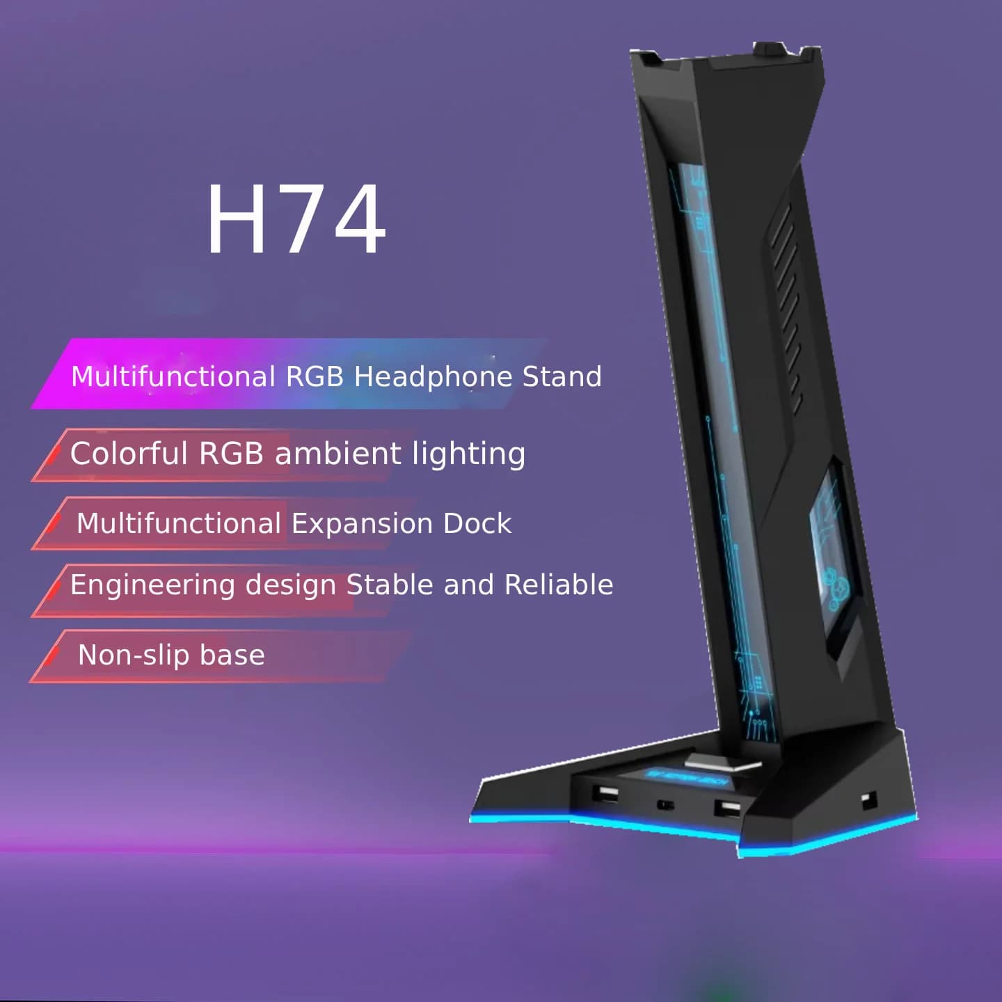 New H74 RGB Gaming Headphone Stand with USB Hub Anti-Slip Base And LED Light - Desktop Organizer for PC Gamers