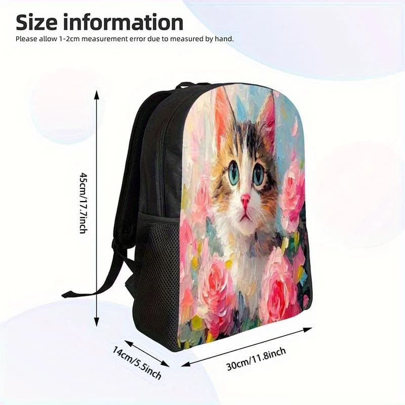 Women's backpack with floral pattern and cat tabby - School bag with adjustable shoulder strap, zip closure