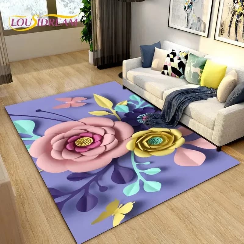 Tappeto 3D con Fiori Nordici, Tappeto Margherita per Soggiorno, Camera da Letto, Divano, Zerbino, Decorazione Cucina, Tappetino Antiscivolo per Bambini