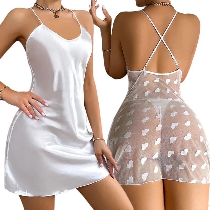 White Full Clear Back Women's Nightdress Erotic Babydolls Outfit Mesh Underwear Pajamas Crotchless Lingerie Desire Night Dress