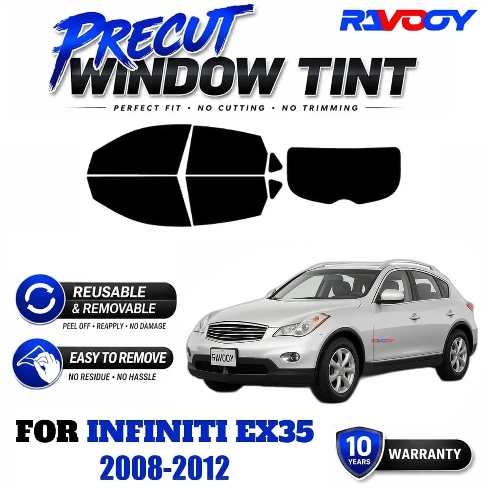 RAVOOY Precut Window Tint, Reusable Removable EPU Film, Custom Fit for Infiniti EX35 2008-2012, UV Heat Protection