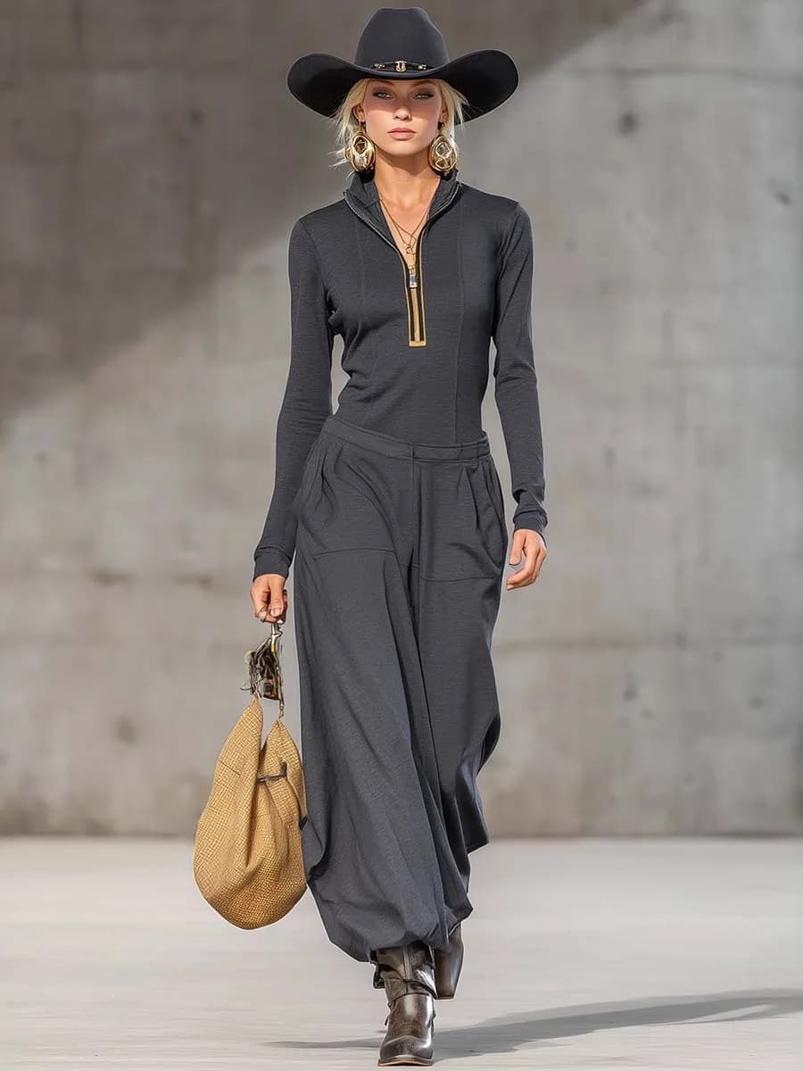 Completo Sportivo da Donna Autunno Inverno con Cardigan a Mezza Zip, Colletto con Cerniera, Tasche, Maniche Lunghe e Pantaloni Lunghi