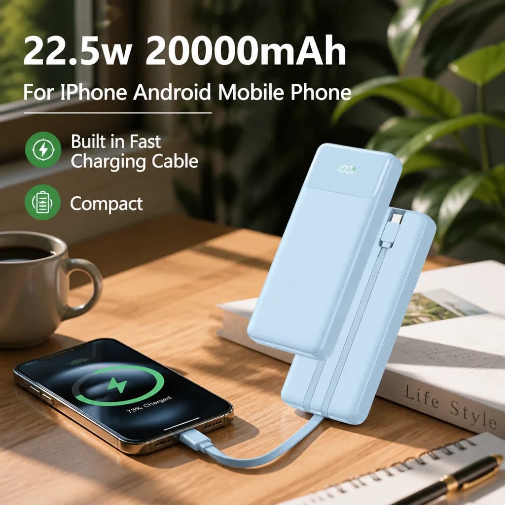 Power Bank 20000mAh 22.5W Fast Charging Built-in Type-C Lightning Cable Compact Portable Charger For iPhone Android Smartphone