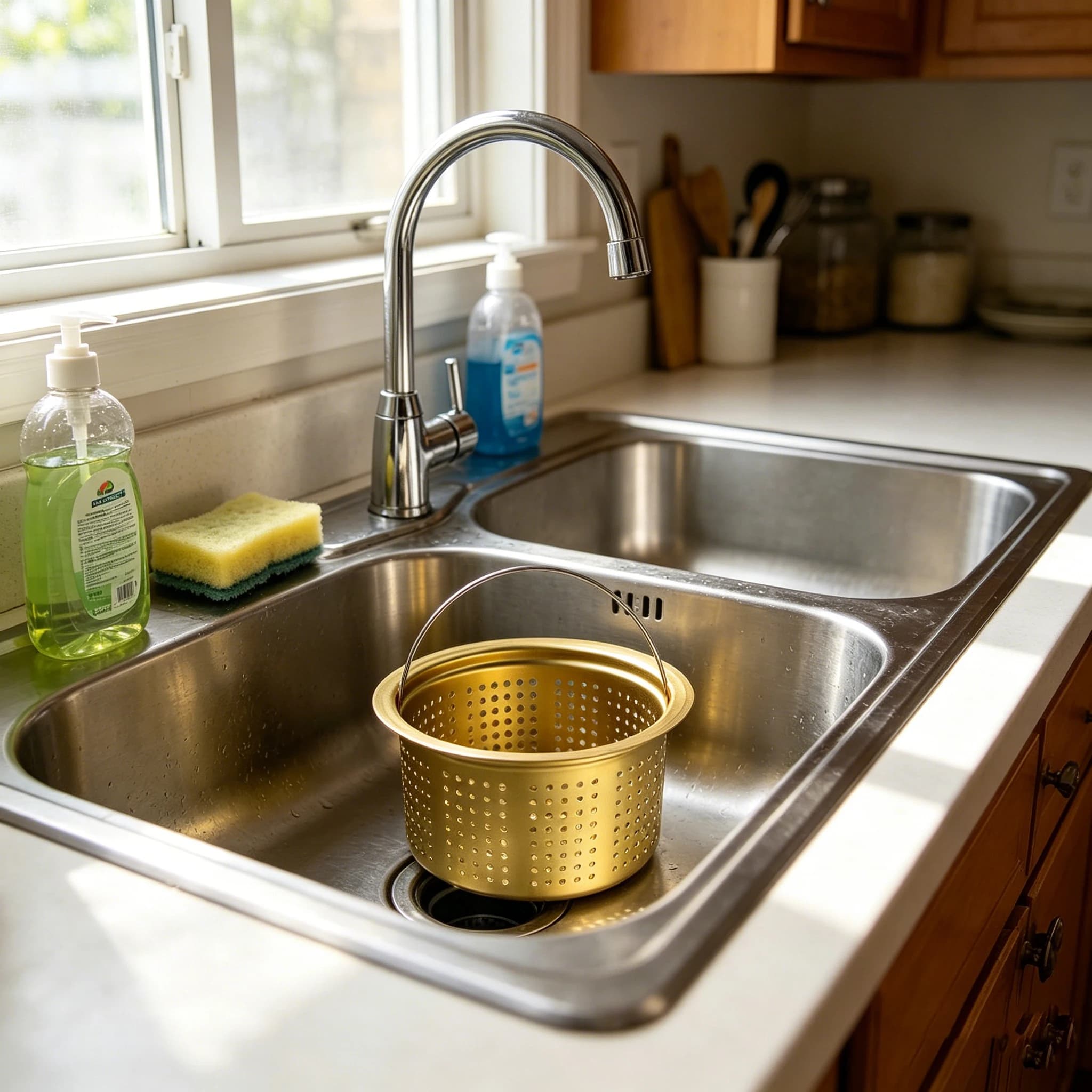 Filtro per Lavello da Cucina Dorato in Alluminio con Ossido di Titanio, Rete Filtrante Rotonda per Scarico a Pavimento, Raccoglitore di Rifiuti