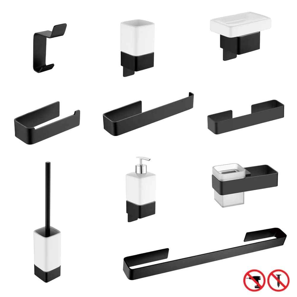 Set of Aluminum Bathroom Hardware Black bathrobe hook towel stand with free punch holder for toilet paper ceramic support to dry hair