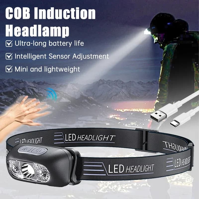 Powerful LED Front Flashlight with Sensor, USB Rechargeable, for Camping, Fishing, Emergency and Open Activity