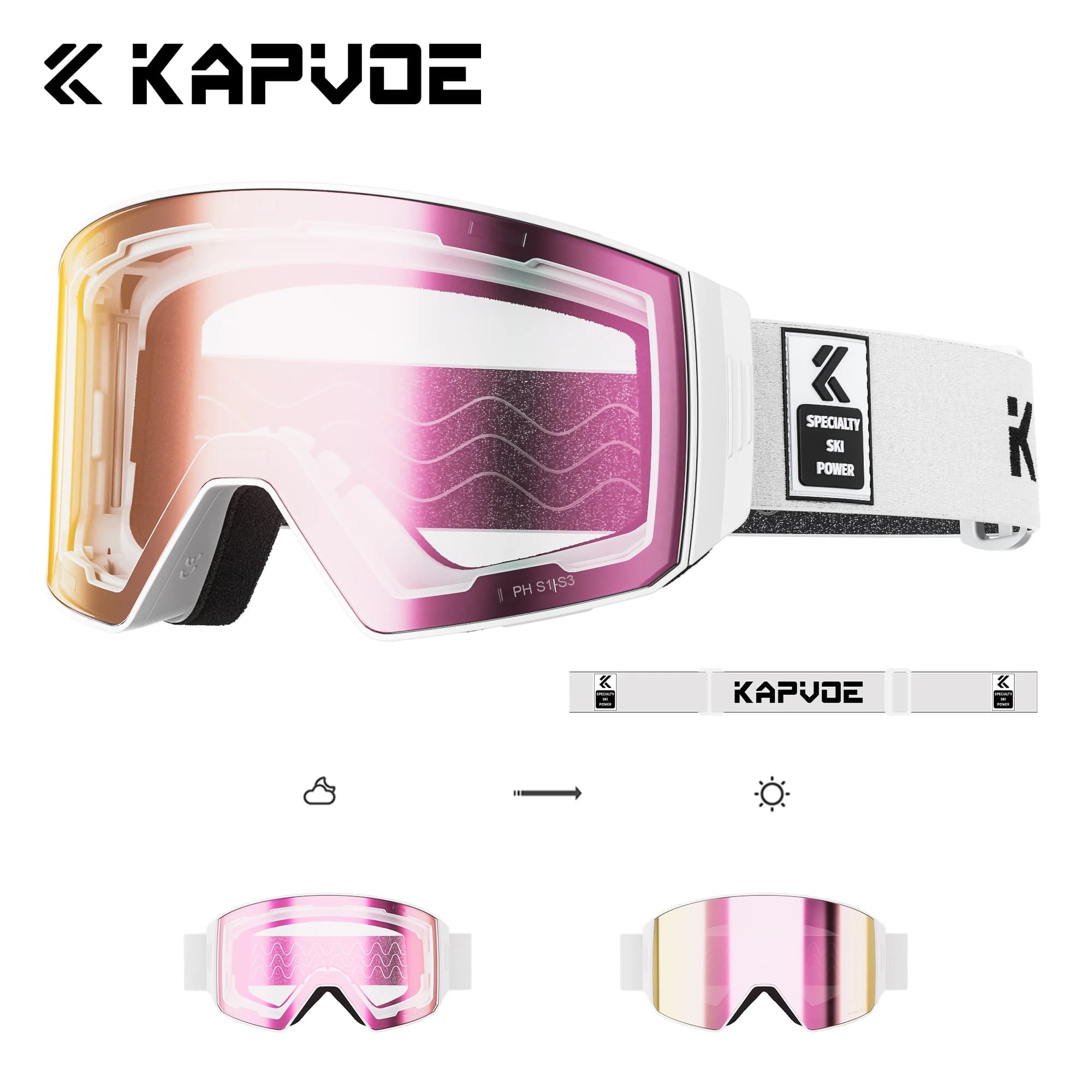 Kapvoe Occhiali da neve fotocromatici Lenti antiappannamento magnetiche da sci Protezione UV400 Uomo Donna Occhiali da sci Occhiali da sole Occhiali sportivi